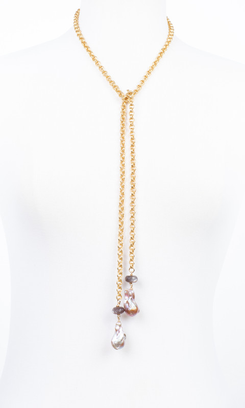 Baroque Pearl Chocolate Moonstone Lariat Necklace