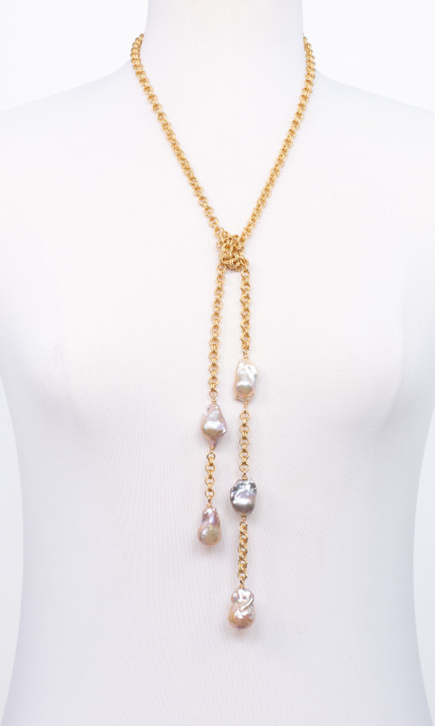 Multi Baroque Pearls Gold Lariat Necklace