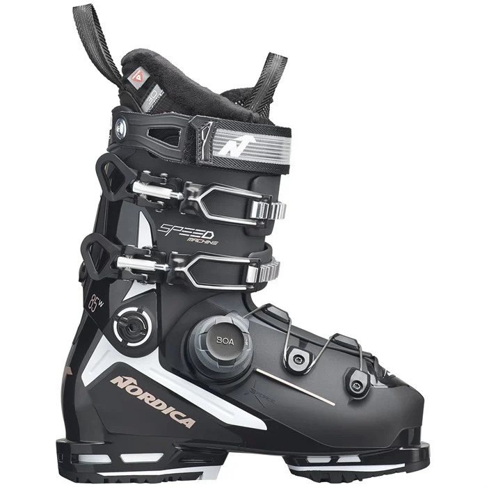 The classic Speedmachine is perhaps the best-selling average lasted boot in the world. Now made even better with the addition of a BOA® shell closure system, the Nordica Speedmachine 3 85 BOA Ski Boots up the ante for intermediate skiers who demand both comfort and performance. The BOA® system distributes pressure more evenly over the lower foot and allows for simple on-the-fly tension adjustment by turning the dial clockwise or counterclockwise.