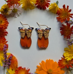 Orange Cosmos Flower Petal Earrings- Monarchs with 14K GF