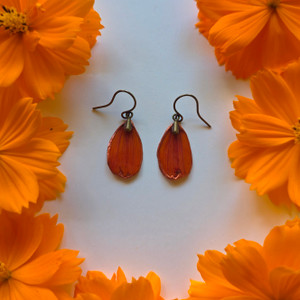 Orange Cosmos Flower Petal Earrings- Simple Brass Orange Cosmos Flower Petal Earrings- Simple Brass