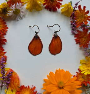 Orange Cosmos Flower Petal Earrings- Simple Brass