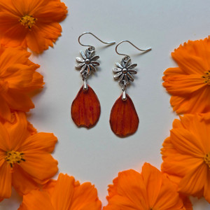 Orange Cosmos Earrings- Sterling Silver with Flower Orange Cosmos Earrings- Sterling Silver with Flower