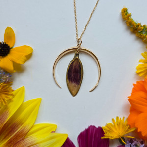 Sunflower Petal Crescent Moon Necklace- Purple/Yellow Petal with 14k GF Sunflower Petal Crescent Moon Necklace- Purple/Yellow Petal with 14k GF