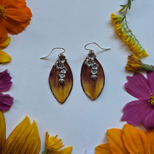 Sunflower Petal Earrings- Purple/Yellow Petals with Sterling Silver Multi Flower Charm Sunflower Petal Earrings- Purple/Yellow Petals with Sterling Silver Multi Flower Charm