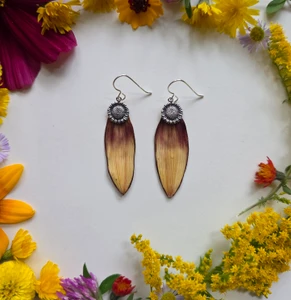 Sunflower Petal Earrings- Light Purple/Yellow Petals with Sterling Silver Sunflower Charm