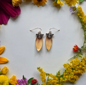 Sunflower Petal Earrings- Small Light Pink/Light Yellow Petals with Bee Charms and Sterling Silver