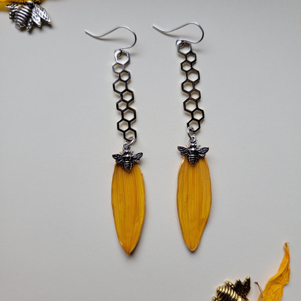 Sunflower Petal Earrings- Long Slender Honeycombs and Bee- Sterling Silver- Bee-Loved Collection