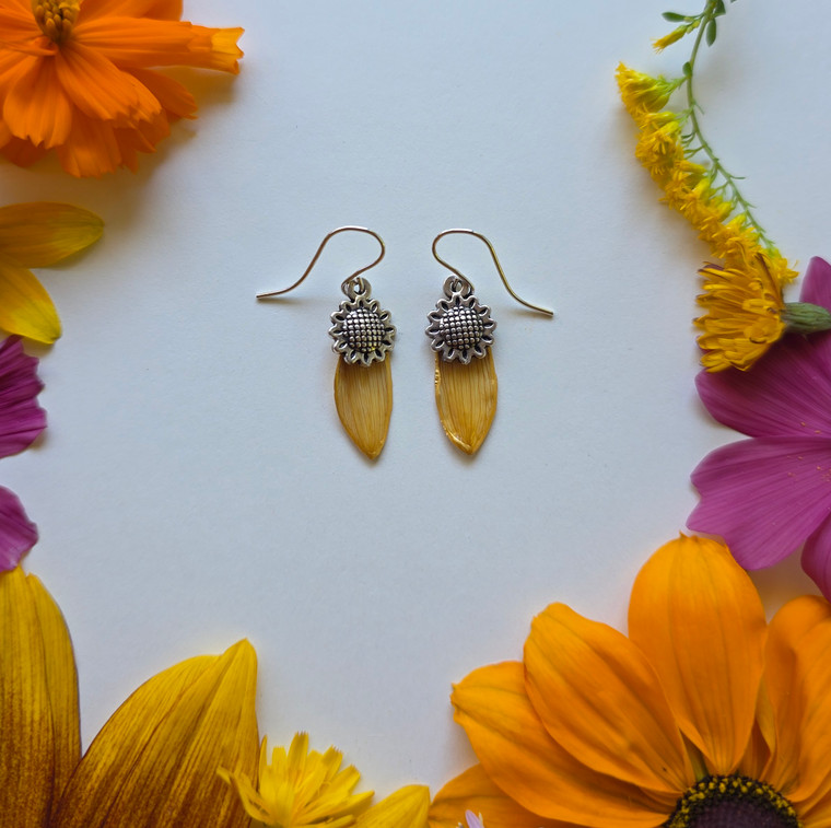 Sunflower Petal Earrings- Small with Sunflower Charm and Sterling Silver