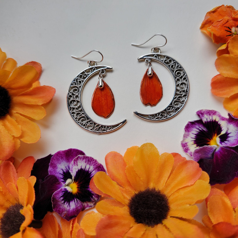 Orange Cosmos Flower Petal Earrings- Sterling Silver with Large Crescent Moons