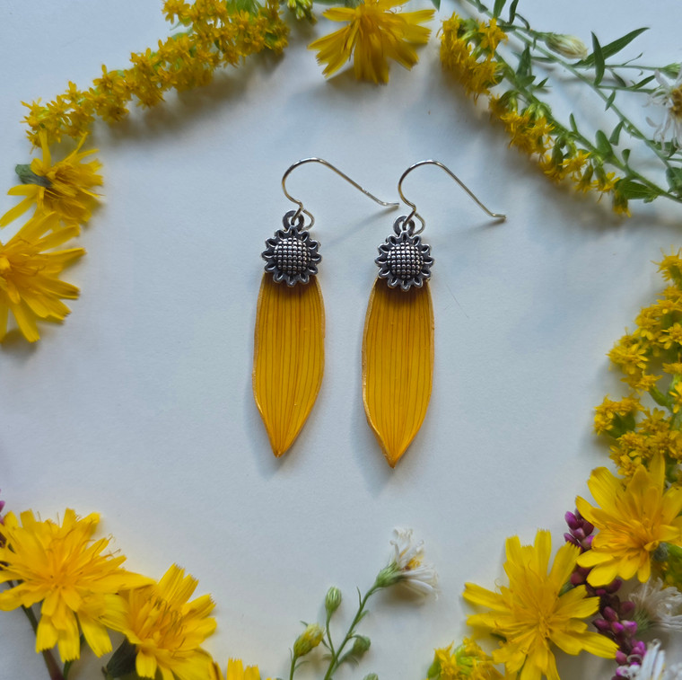 Sunflower Petal Earrings- Medium Sized Yellow Petals with Sunflower Charm and Sterling Silver