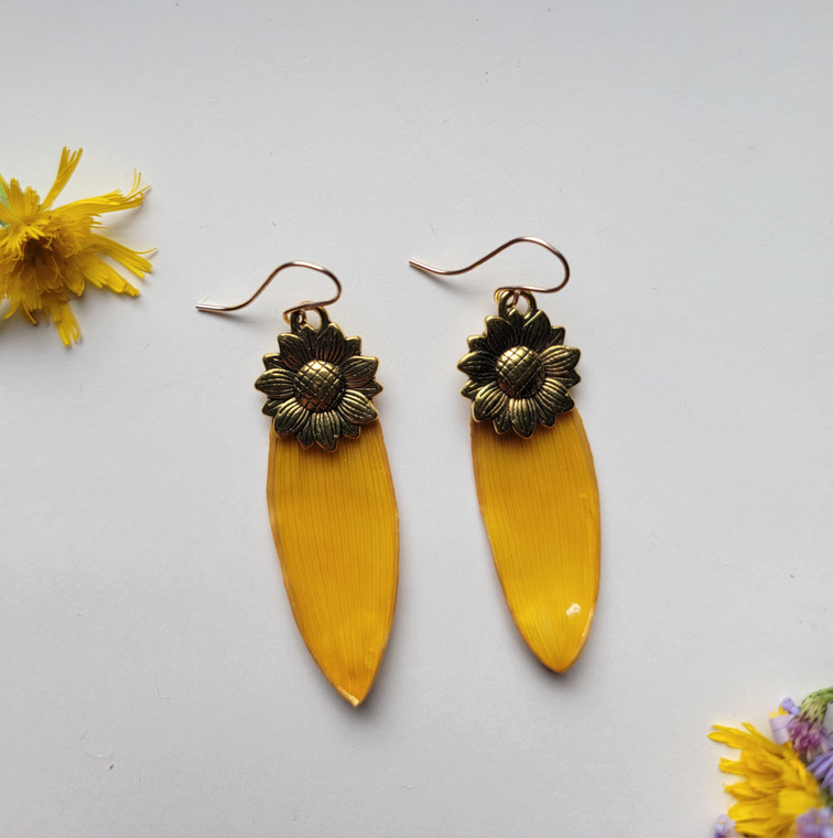 Sunflower Petal Earrings- Yellow with 14K GF and Large Sunflower Charm