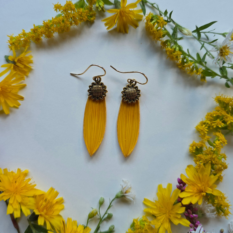 Sunflower Petal Earrings- Yellow Petals with Sunflower Charm and 14K GF