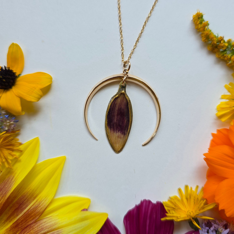 Sunflower Petal Crescent Moon Necklace- Purple/Yellow Petal with 14k GF