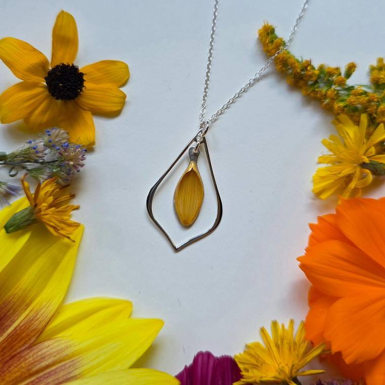 Sunflower Petal Dewdrop Necklace- Sterling Silver