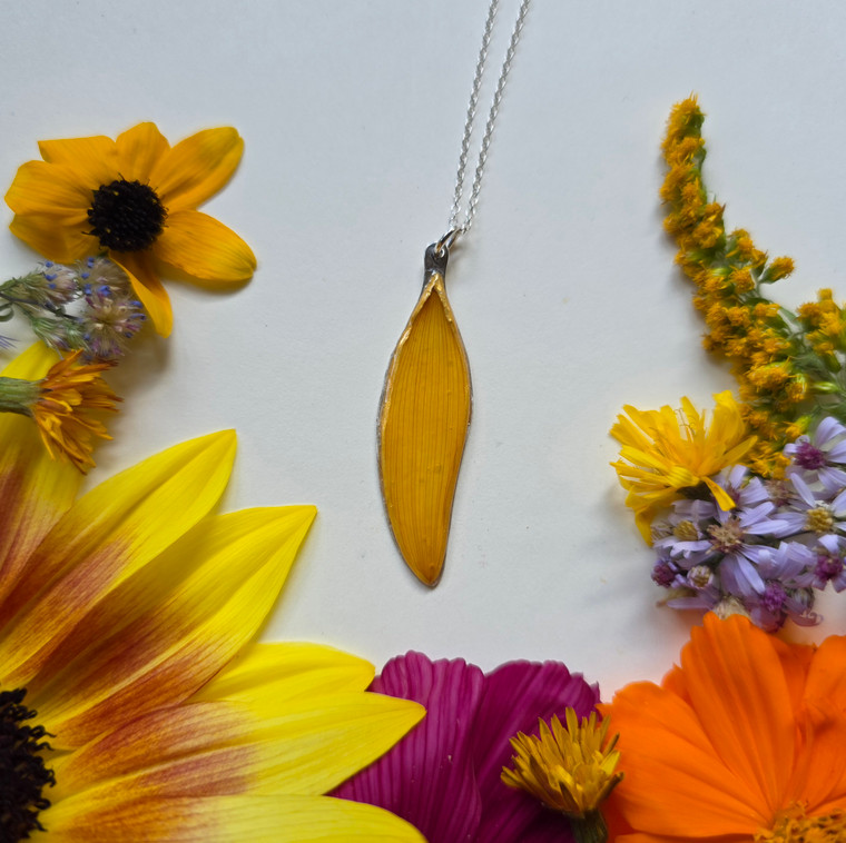 Sunflower Petal Pendant Necklace- Yellow with Sterling Silver & 18 Inch Chain