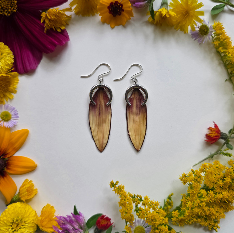 Sunflower Petal Earrings- Light Purple/Yellow Petals with Inverted Crescent Moon Charms and Sterling Silver