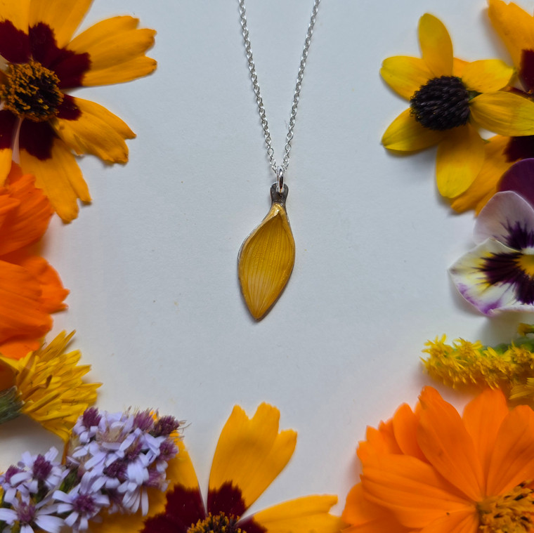 Sunflower Petal Pendant Necklace- Small Yellow with Sterling Silver and 16 Inch Chain