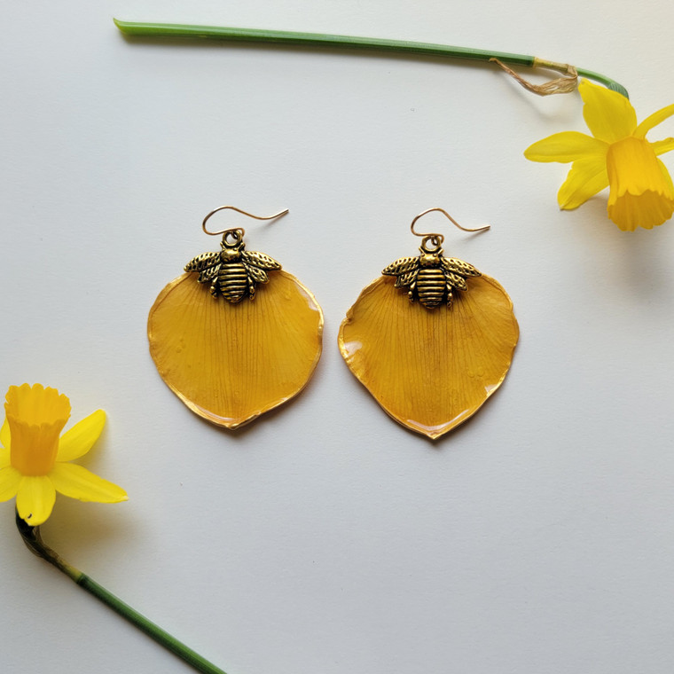 Daffodil Petal Earrings- Bee Charm with 14k GF