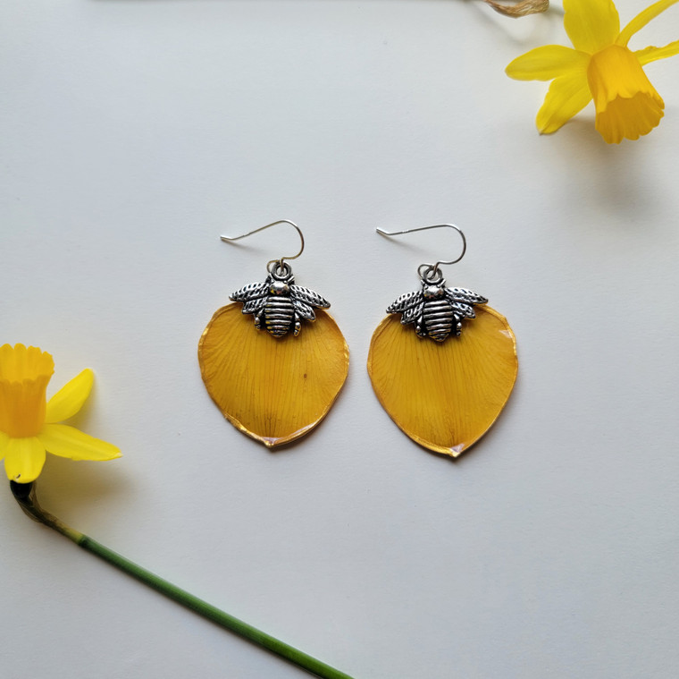 Daffodil Petal Earrings- Bee Charm with Sterling Silver