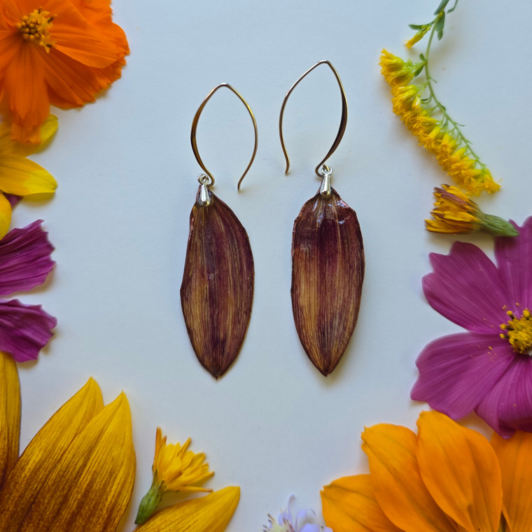 Sterling Silver Sunflower Marquis Earrings- Dark Red/Light Yellow Petals
