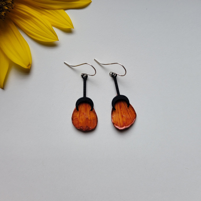 Orange Cosmos Earrings- Black Falling Moons with Sterling Silver