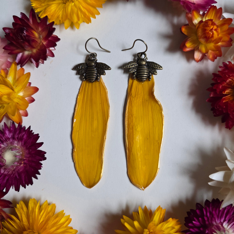 Sunflower Petal Earrings- Large Petals with Bee Charm and Brass