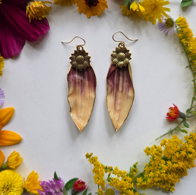 Sunflower Petal Earrings- Large Purple/Yellow with Large Sunflower Charm and 14k GF