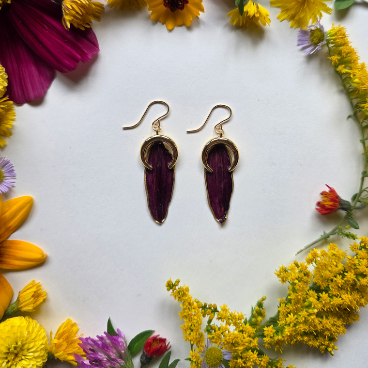 Sunflower Petal Earrings- Dark Purple with Inverted Crescent Moon Charms and 14k GF