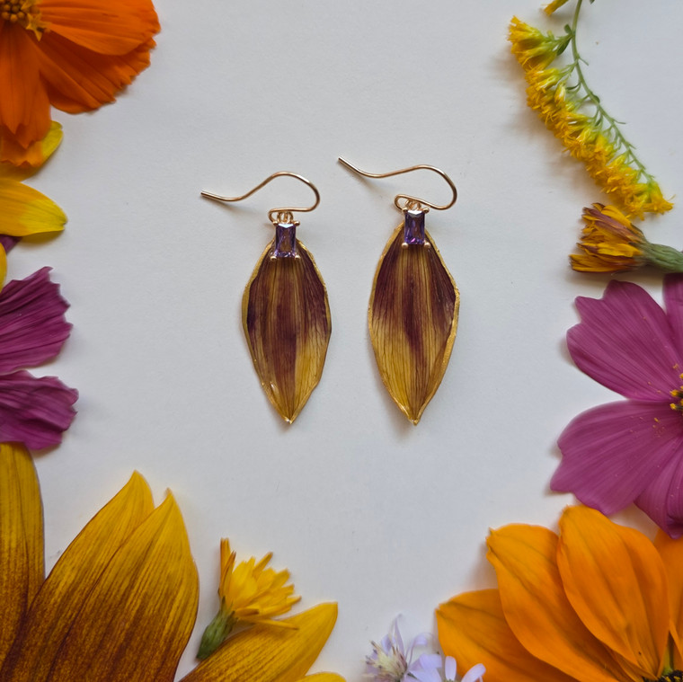 Sunflower Petal Earrings- Purple/Yellow Petals with 14k GF and Rhinestones