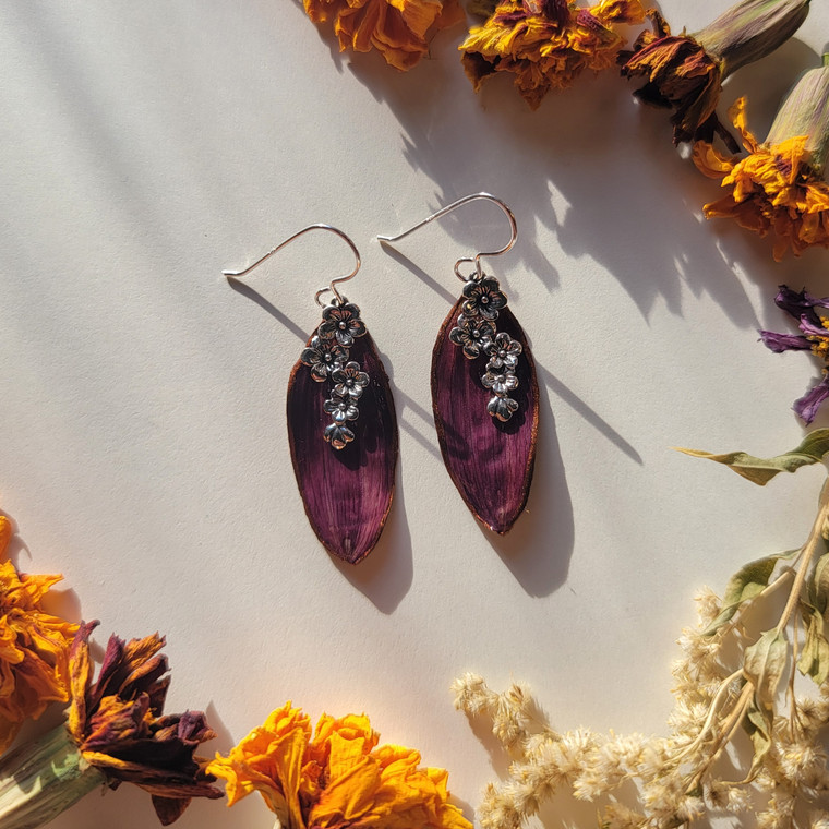 Sunflower Petal Earrings- Purple Petals with Multi Flower Charm and Sterling Silver