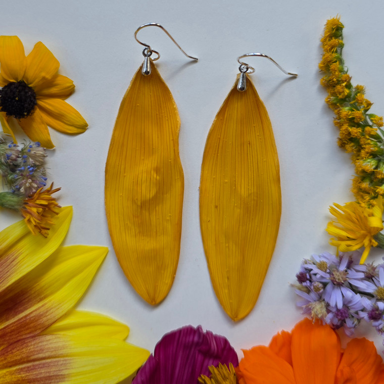 Sunflower Petal Earrings- Simple Sterling Silver with Large Yellow Petals