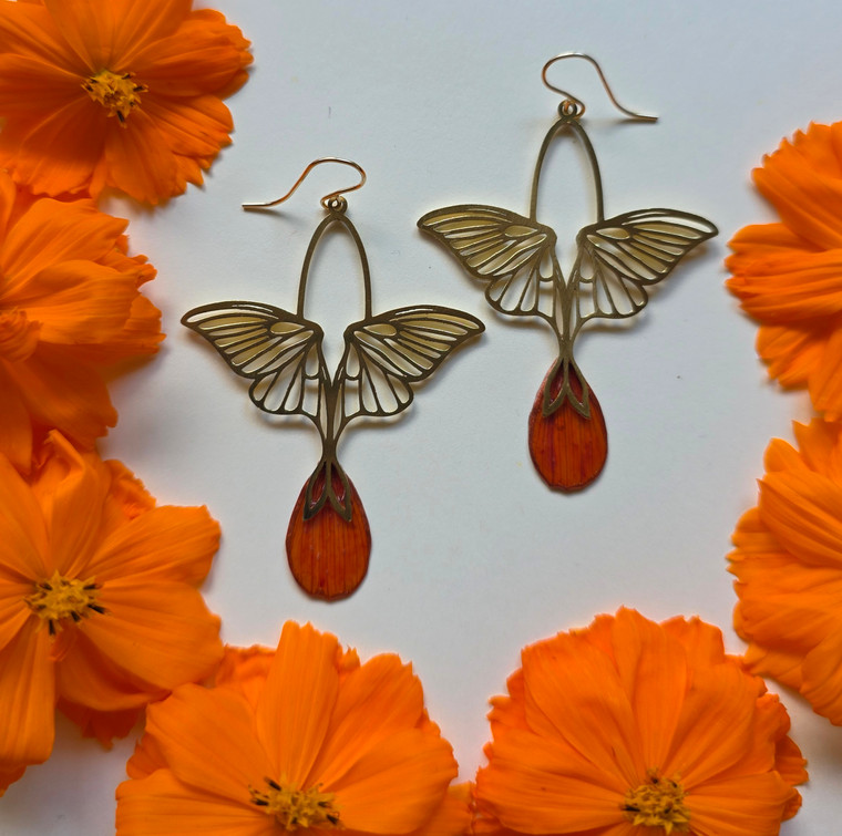 Orange Cosmos Luna Moth Earrings- 14k GF