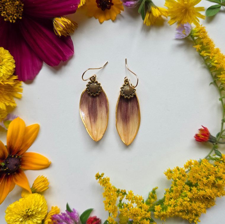 Sunflower Petal Earrings- Light Purple/Yellow Petals with Sunflower Charms and 14k GF