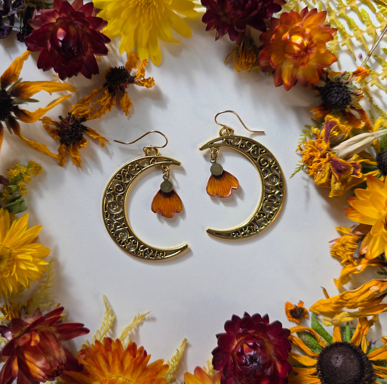 Coreopsis Flower Petal Earrings- Large Crescent Moons with 14k GF