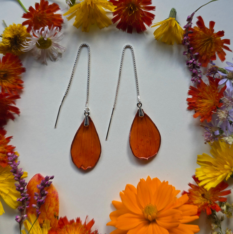 Orange Cosmos Ear Threaders- Sterling Silver
