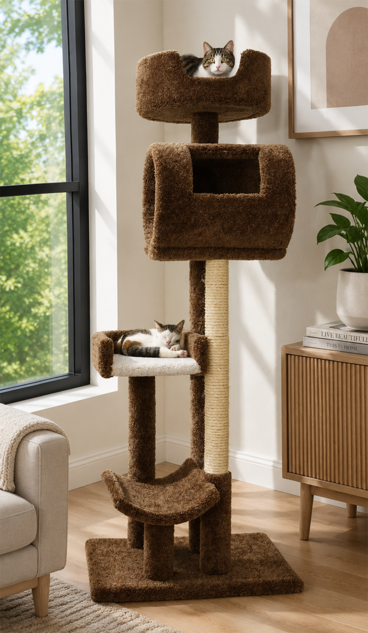 Deluxe Cat Tower for Large Cats – 69″ Multi-Level Solid-Wood Cat Tree with Carpet & Natural Sisal Rope Posts