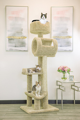 69-inch solid-wood cat tower wrapped in plush household carpet with natural sisal rope posts – large cat ready