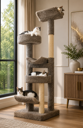 Large cat lounging on multi-level staggered cat tower