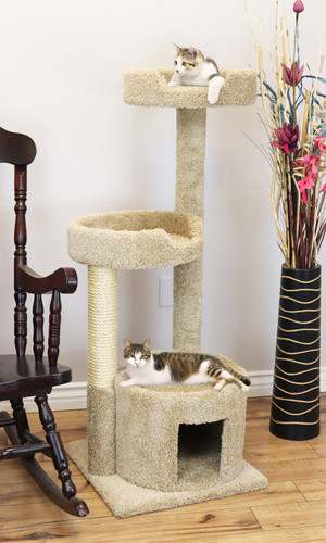 Solid Wood Cat House – Premium Handcrafted Cat Furniture -Beige Lifestyle With Cats