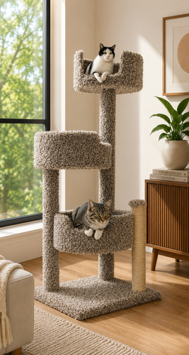 Deluxe multi level cat tree with solid wood posts and carpet