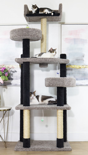 Deluxe 84″ Extra-Tall Cat Tree for Large Cats – Heavy Duty Solid Wood Tower Made in USA in Black and Gray- With Cats Deluxe 84″ Extra-Tall Cat Tree for Large Cats – Heavy Duty Solid Wood Tower Made in USA in Black and Gray- With Cats