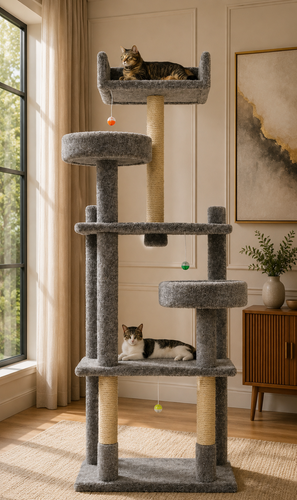 84-inch extra tall solid wood cat tree for large cats – wide 34×26 base, multiple platforms, made in USA