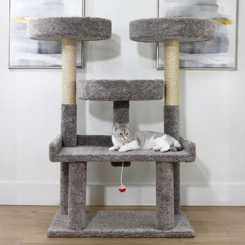46-in XXL Heavy-Duty Cat Tree for Large Cats – Gray Carpeted Wood Tower with Wide Base -with Cats 46-in XXL Heavy-Duty Cat Tree for Large Cats – Gray Carpeted Wood Tower with Wide Base -with Cats