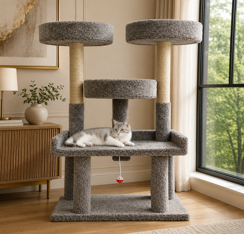 46 Inch XXL Heavy Duty Cat Tree for Large Cats Gray Carpeted Solid Wood Tower – Maine Coon on Top Perch