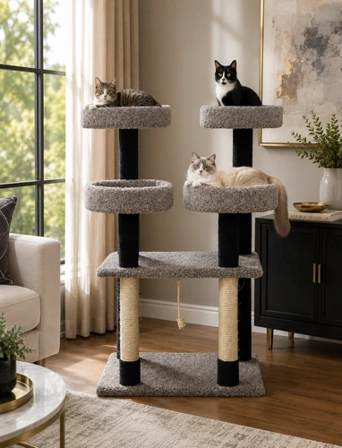 Black cat tree with four spacious round perches and XL scratching posts for large cats