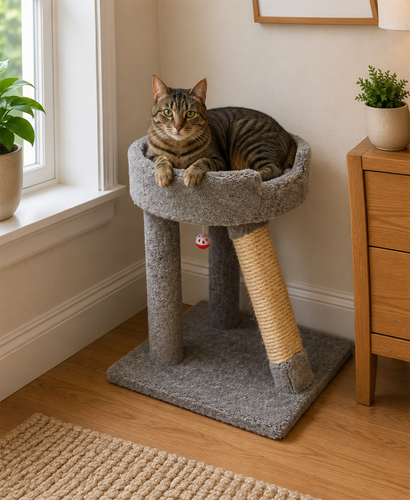 Elevated Cat Perch with Round Bed & Sisal Post | Compact Solid Wood Design