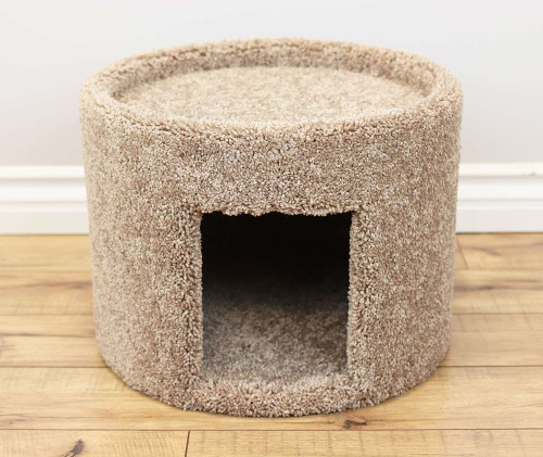 Large solid wood cat cave with carpeted round cat condo and elevated perch for large cats