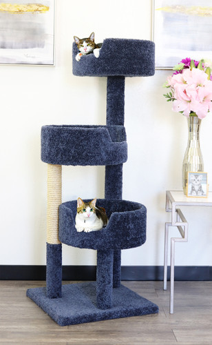 plush carpeted cat tree with wide perches and platforms