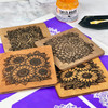 linocut flower wood burned coaster set with torch paste and ikonart